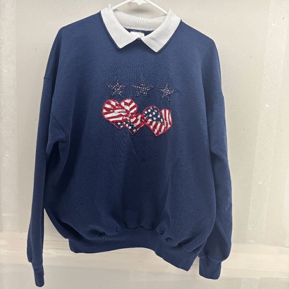Vintage Hanes Womens Flags Hearts Stars USA Sweatshirt Size XL Collared July 4th